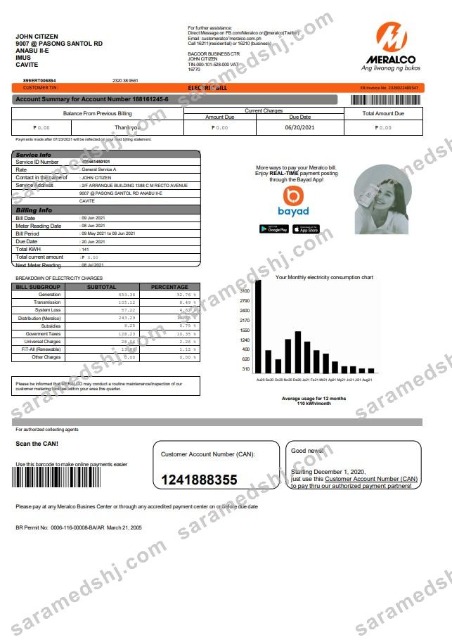 Philippines Meralco electricity utility bill template in Word and PDF format, version 2